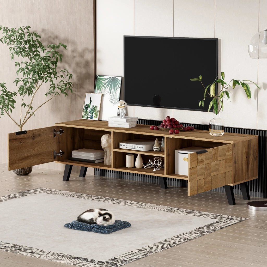 Mobile porta televisore moderno in effetto legno con 2 ante e 2 vani aperti, ampio e funzionale