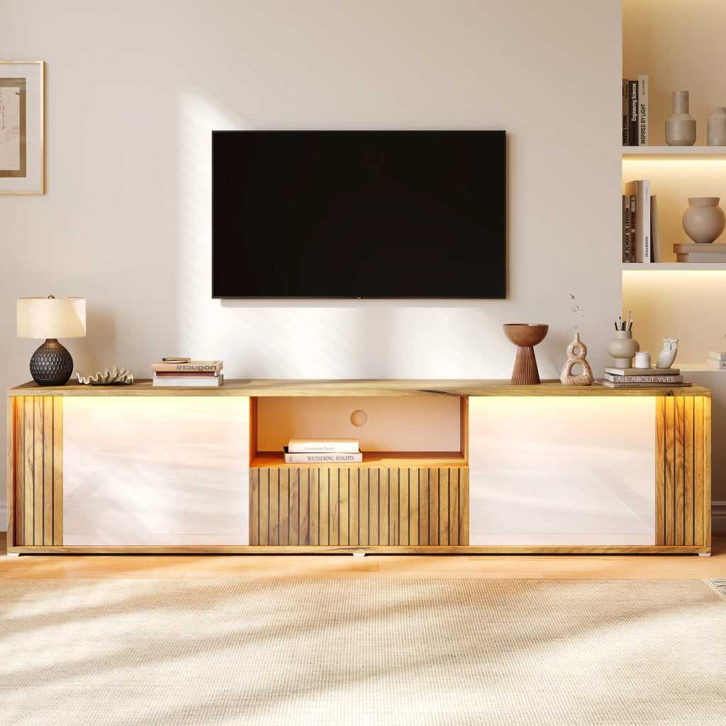 Mobile Porta TV 180 cm per 75 Pollici con Luci LED; Bianco e Legno; 1 Cassetto e 2 Ante