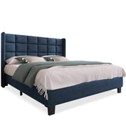 Letto Matrimoniale 140 x 200 cm con Testiera Imbottita e Rete a Doghe in Lino Blu