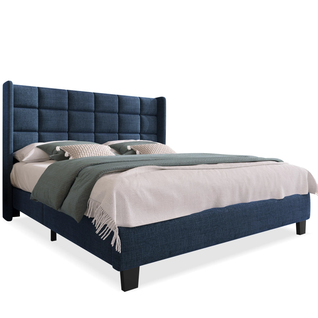 Letto Matrimoniale 140 x 200 cm con Testiera Imbottita e Rete a Doghe in Lino Blu