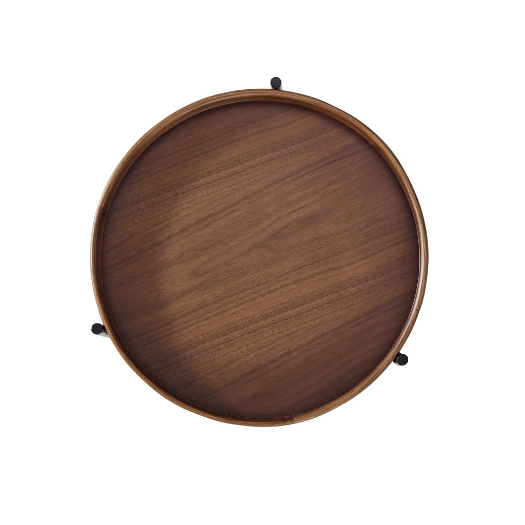 Tavolino basso fisso a due ripiani rotondi in legno e MDF color noce con struttura in ferro nero