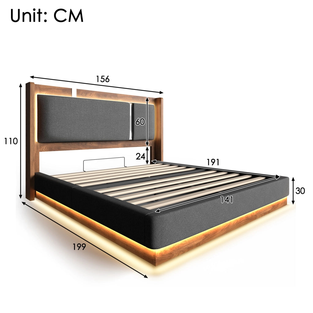 Letto imbottito 140x190 cm con LED e contenitore idraulico in lino grigio e noce