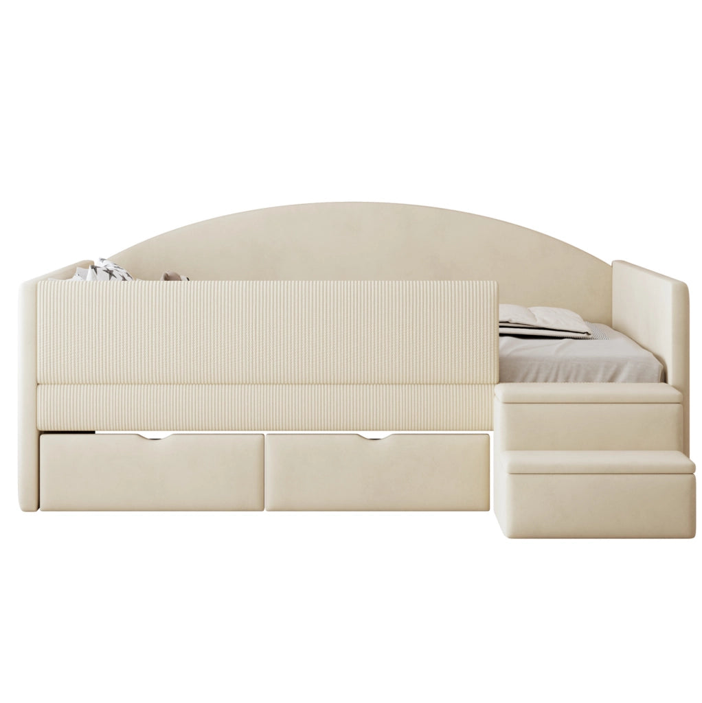 Letto imbottito multifunzionale 90x190 cm con due cassetti e protezioni, tessuto vellutato beige, senza materasso