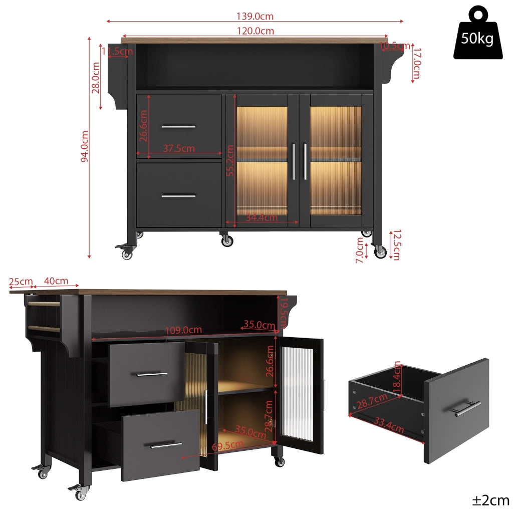 Carrello da cucina con piano pieghevole; 2 cassetti; anta in vetro ondulato; LED; ruote e portaasciugamani nero
