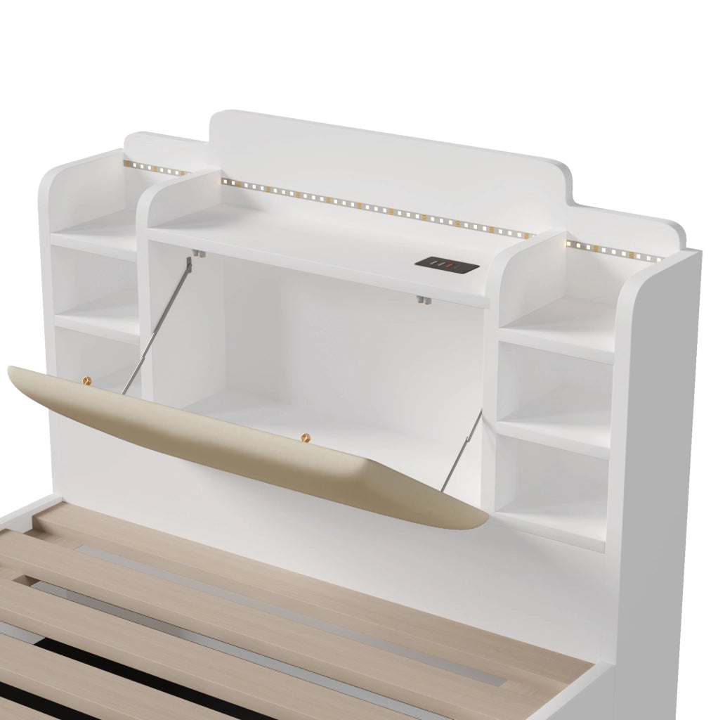 Letto 90x200 cm con contenitore idraulico, LED, USB e USB-C integrati bianco