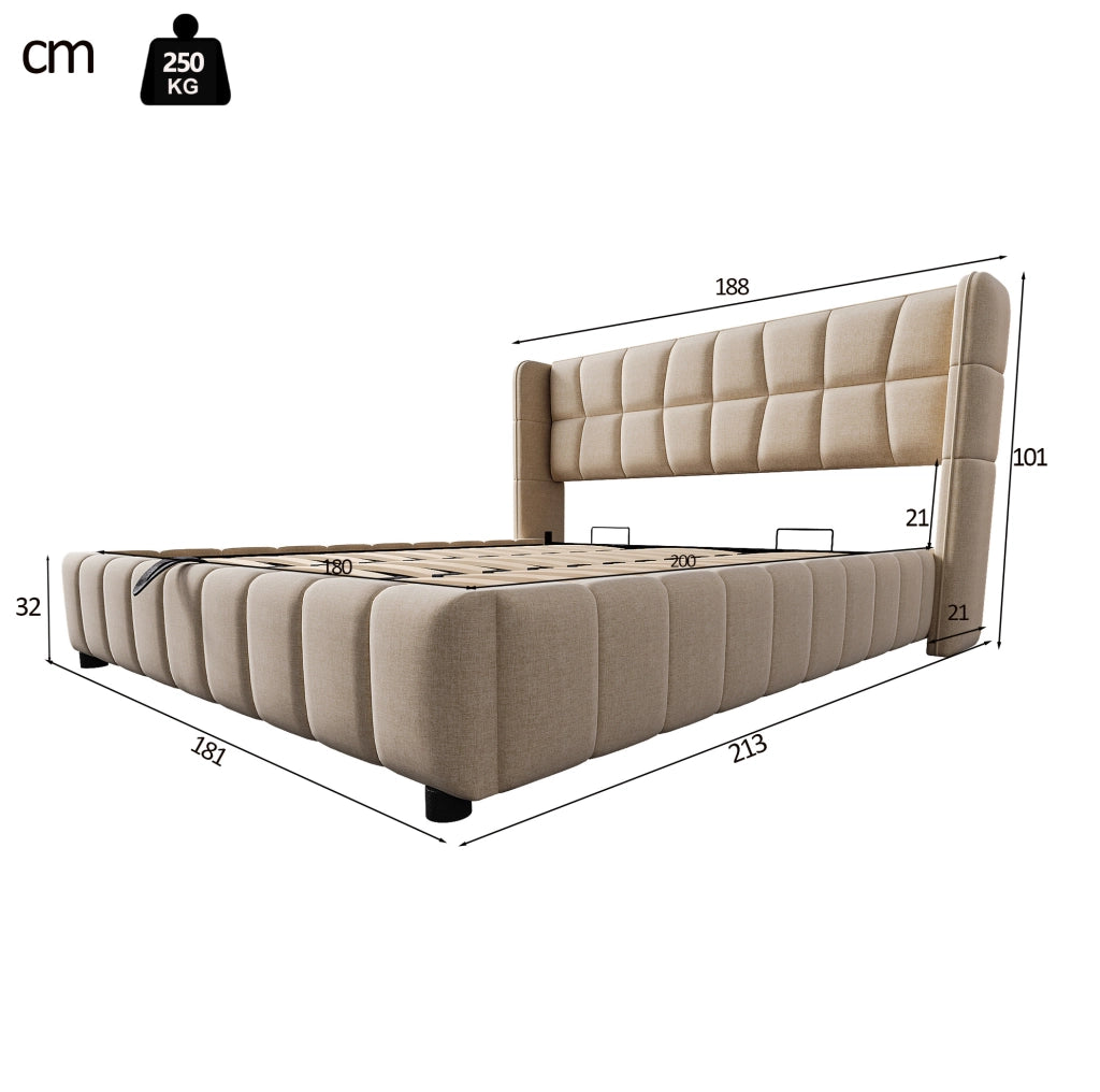 Letto imbottito 180x200 cm con rete a doghe, struttura in metallo e sistema contenitore pneumatico beige