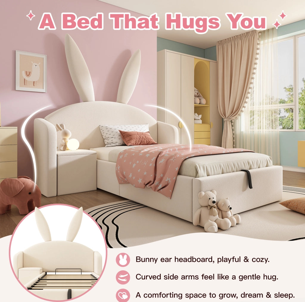 Letto imbottito per bambini ULEVR 90x200 cm con contenitore idraulico, comodino montabile a sinistra o destra, beige
