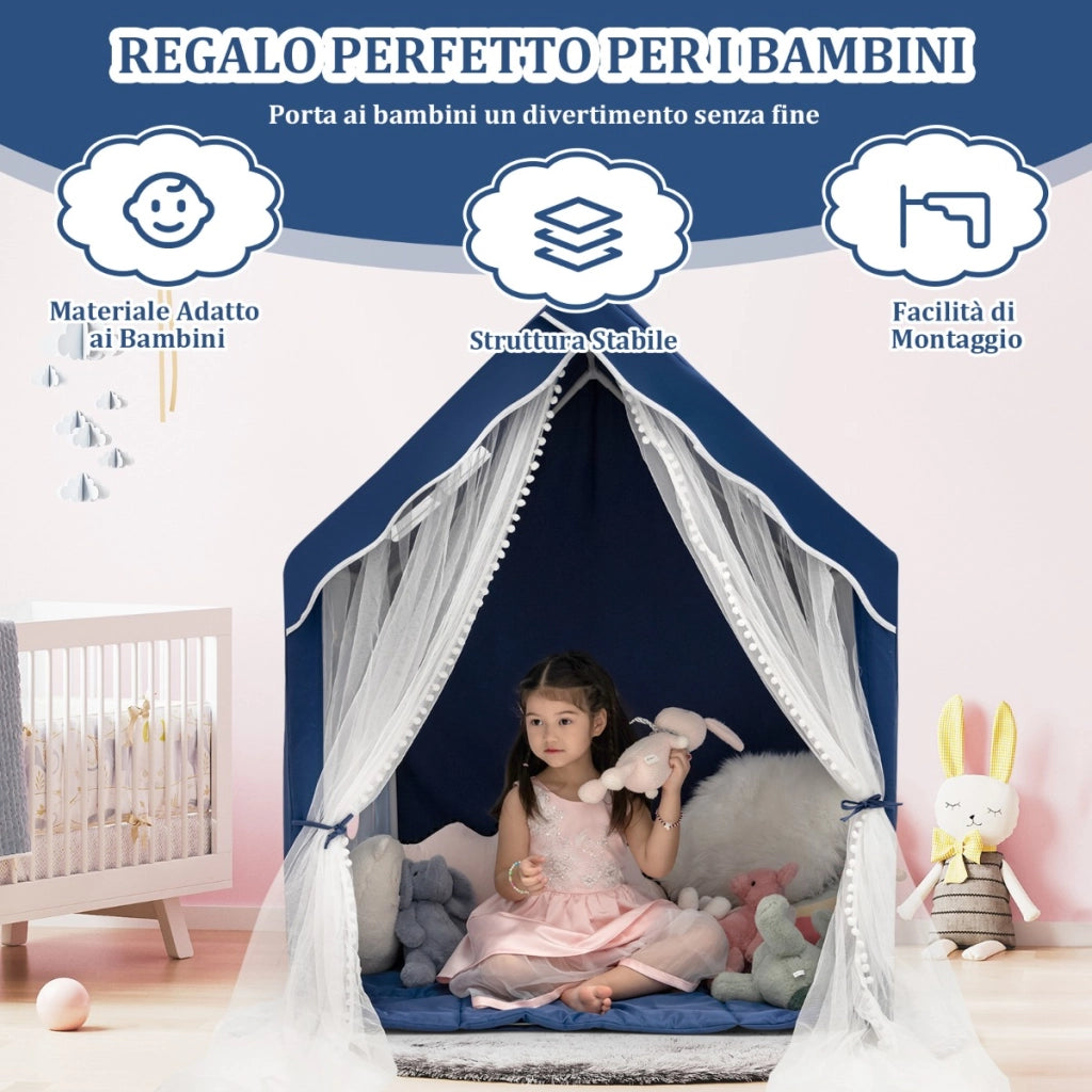 Tenda da gioco con tappetino imbottito rimovibile, Casetta per bambini per interno 121 cmx105cmx137cm Blu