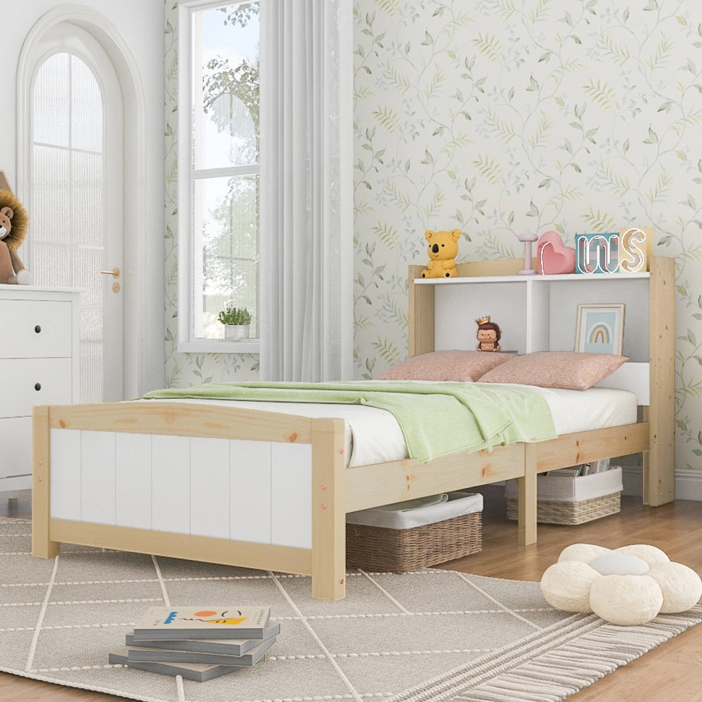 Letto singolo 90 × 200 cm con testiera contenitore e rete a doghe in legno bianco