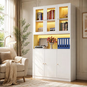 Libreria con vetrina 100x35x200 cm; LED regolabile e 3 ante in MDF bianco