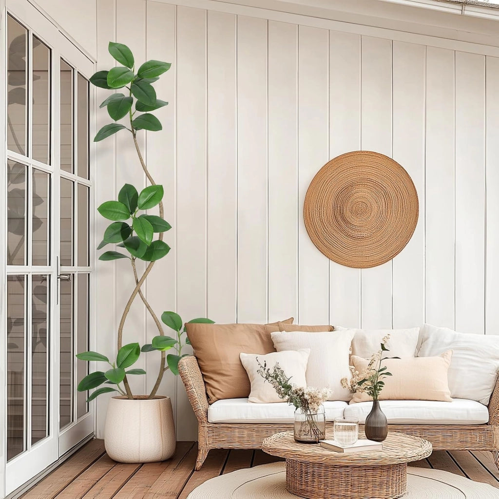 Ficus Elastica Artificiale 210 cm a Doppio Tronco con Vaso Effetto Pietra e Ciottoli
