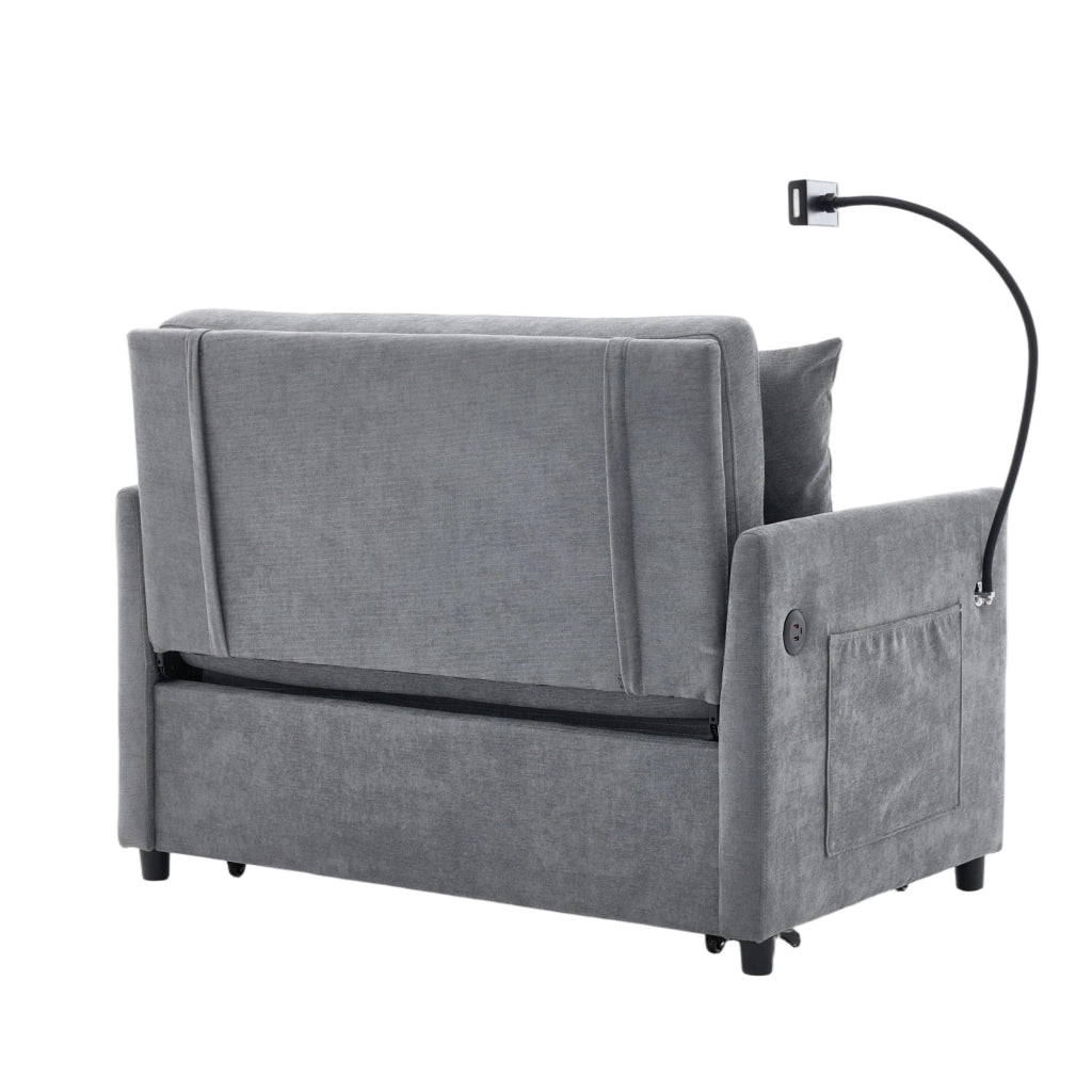 Poltrona imbottita grigia con porta USB e supporto per tablet rivestita in poliestere 83;5 × 109 × 72 cm