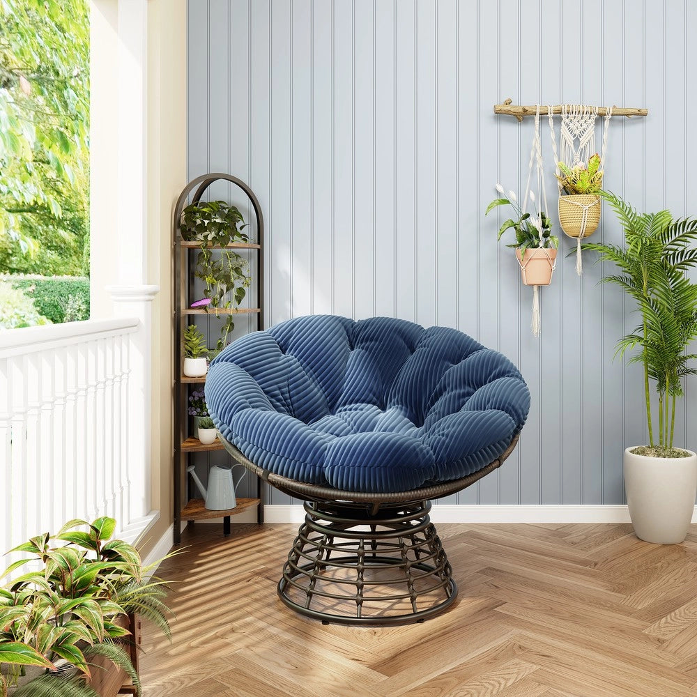 Poltrona Papasan Girevole ¨C Xylo ¨C Vimini e Rattan, Cuscino Blu, Struttura Marrone