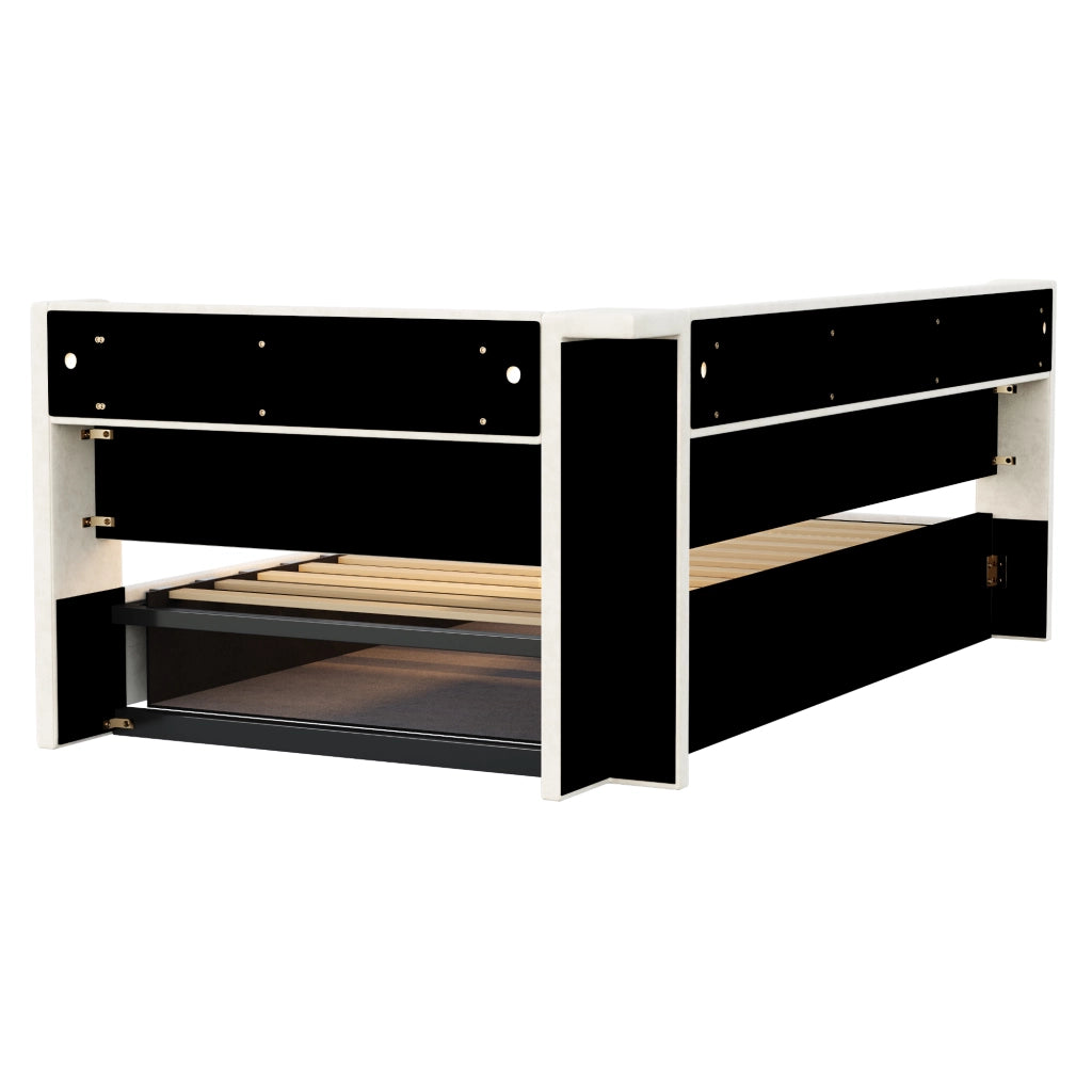 Divano letto 90 × 200 cm con vano contenitore idraulico LED prese USB e Tipo C rivestito in velluto beige