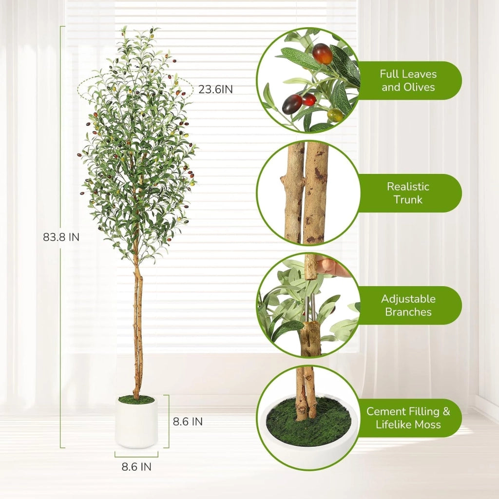 Set 2 Piante di Olivo Artificiale 210 cm con Tronco Naturale e Vaso Bianco