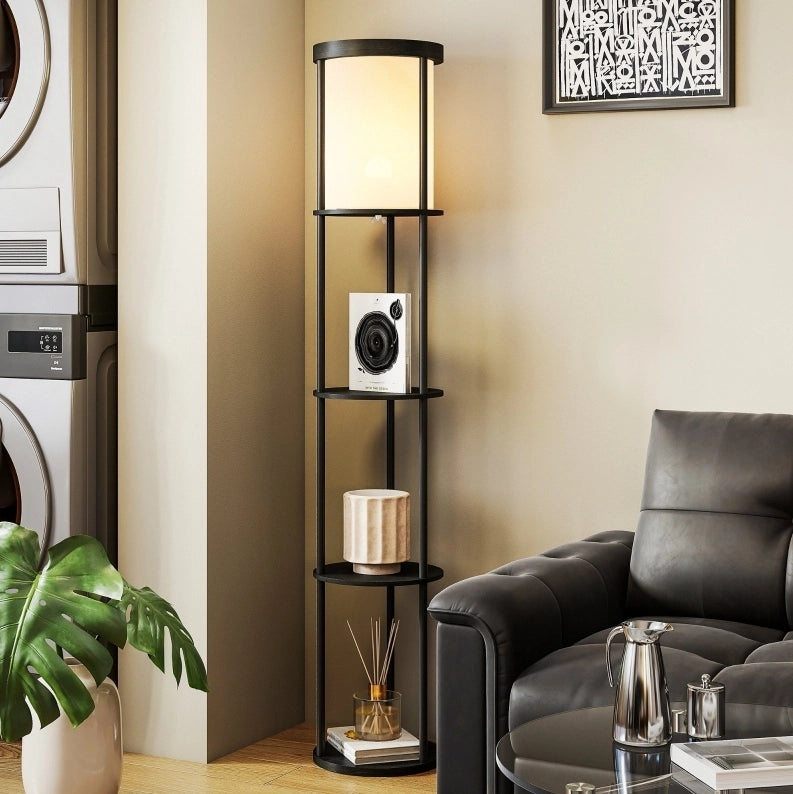 Lampada da Terra con 3 Ripiani, Design Rotondo, Telecomando, Interruttore a Pedale, Luce Regolabile, Colore Nero