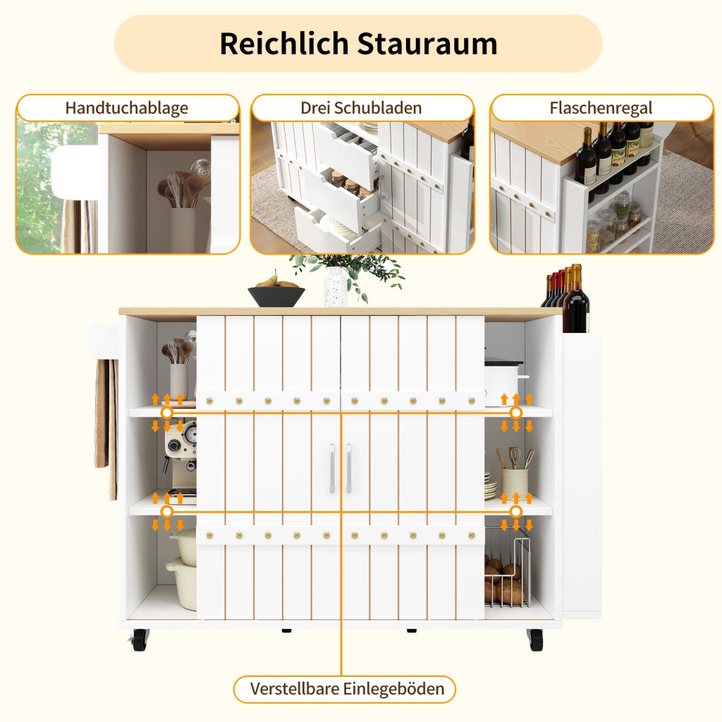 Carrello da cucina con piano ribaltabile 3 cassetti ante scorrevoli ripiano laterale MDF bianco 110 × 42 × 90 cm