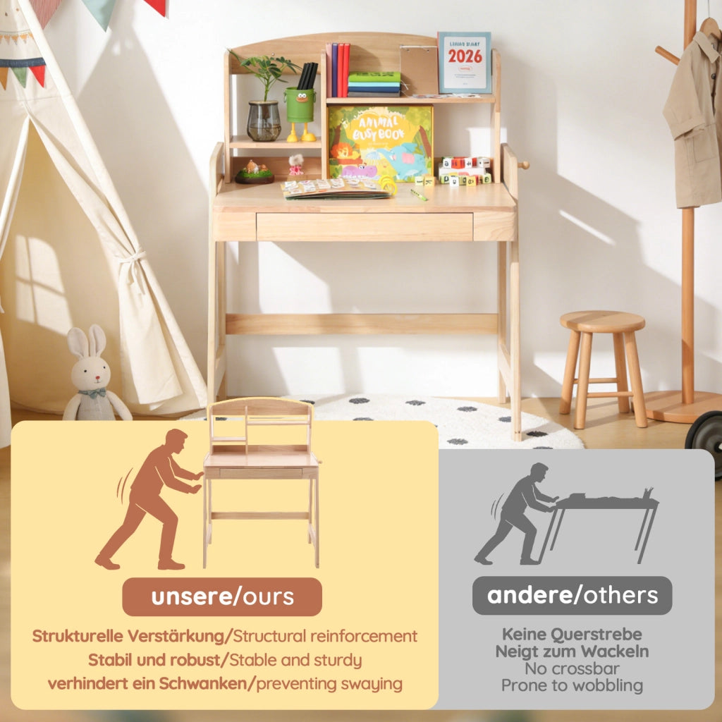 Scrivania lineare per bambini con altezza regolabile cassetto vano portaoggetti e gancio in legno naturale 60 × 88,2 × 118 cm