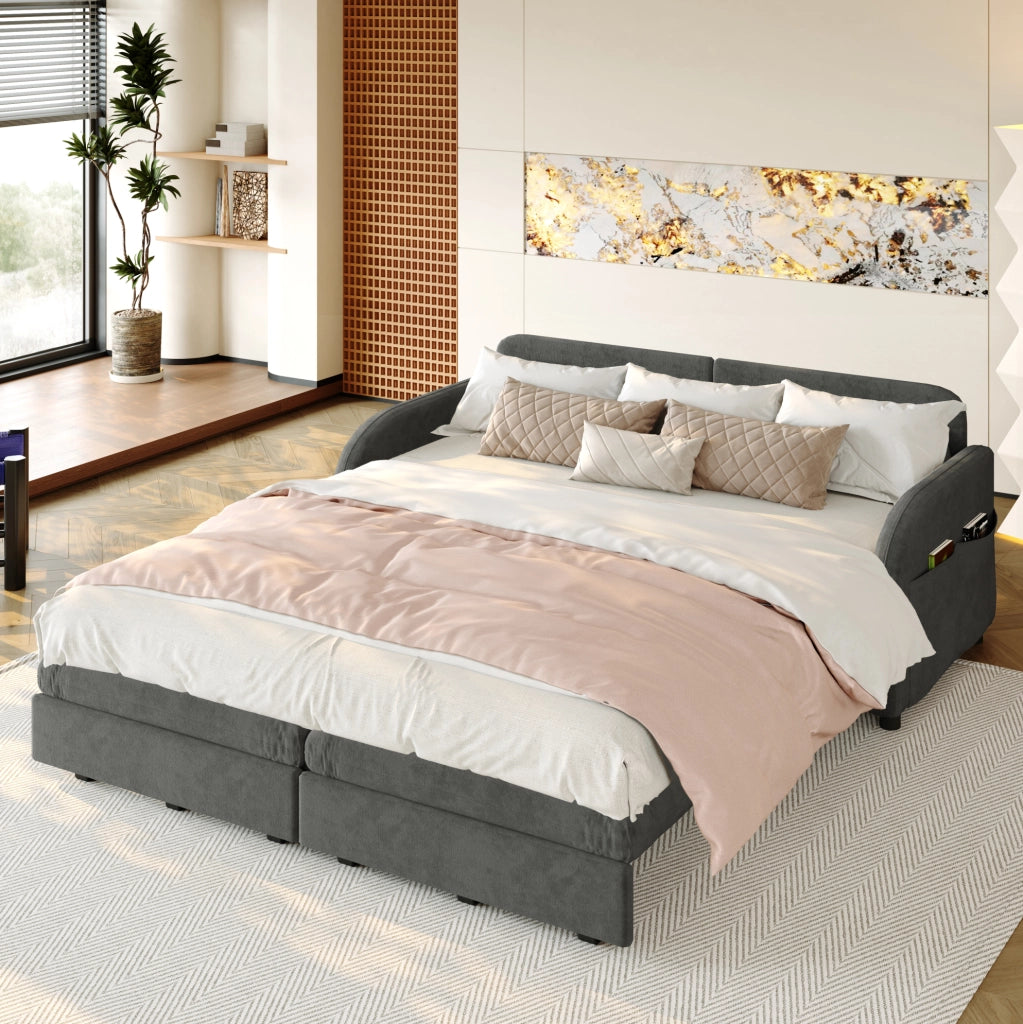 Divano letto estraibile 3-in-1 queen size 166 cm in chenille grigio con cuscini e tasche contenitive laterali