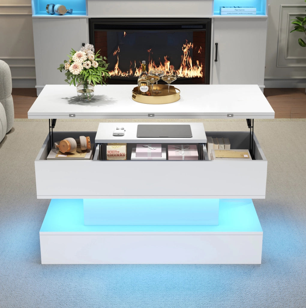 Tavolino elevabile bianco con LED, prese integrate e vano contenitore