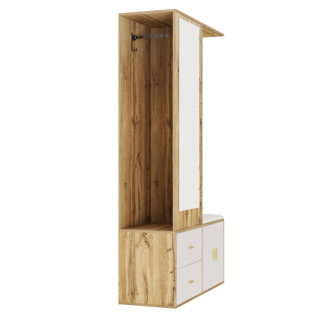 Set Appendiabiti Bianco e Legno con Specchio, Panca Scarpe e Grucce Estraibili, 100x38x180 cm