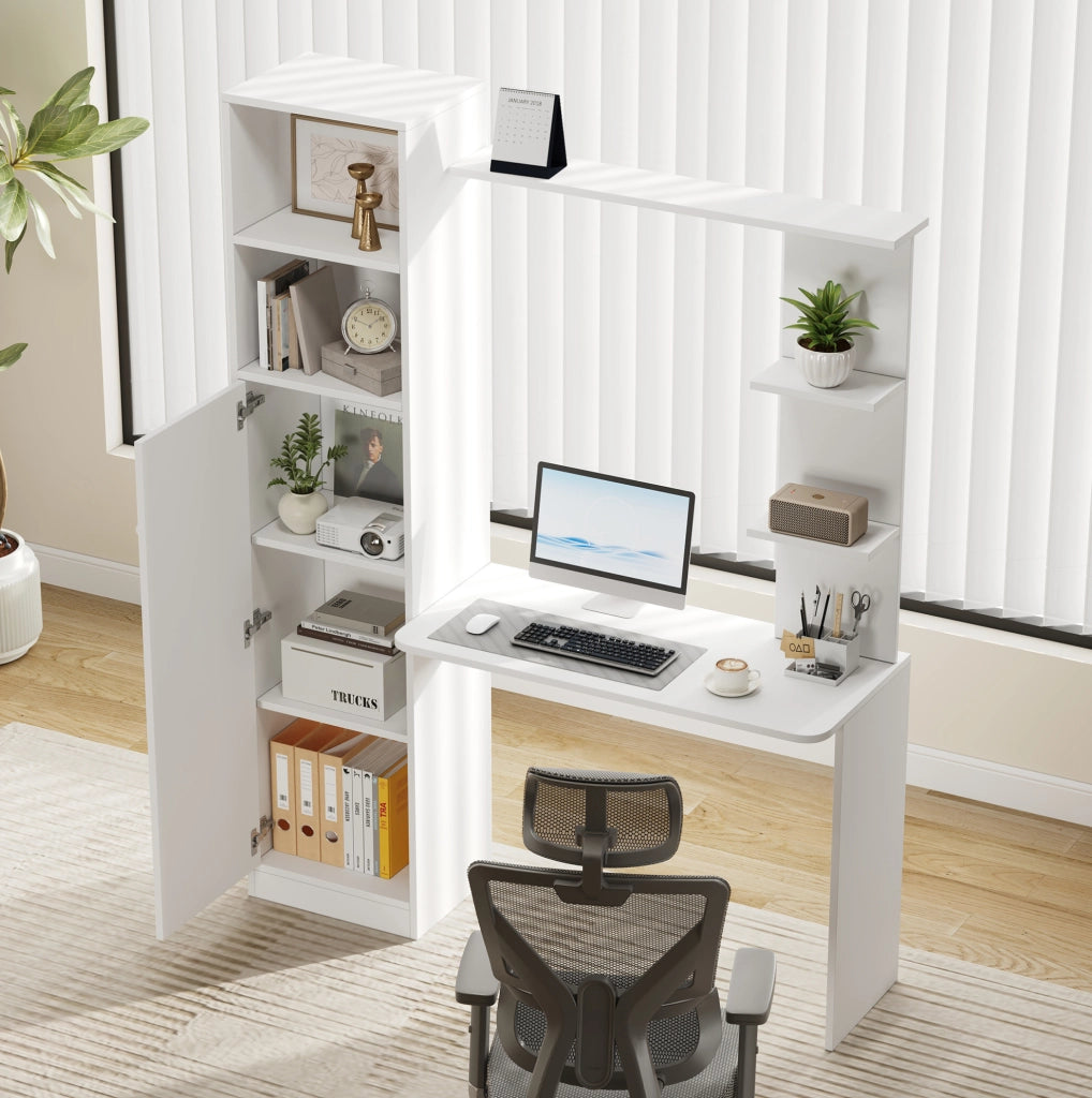 Scrivania multifunzione con armadio e scaffali in MDF bianca
