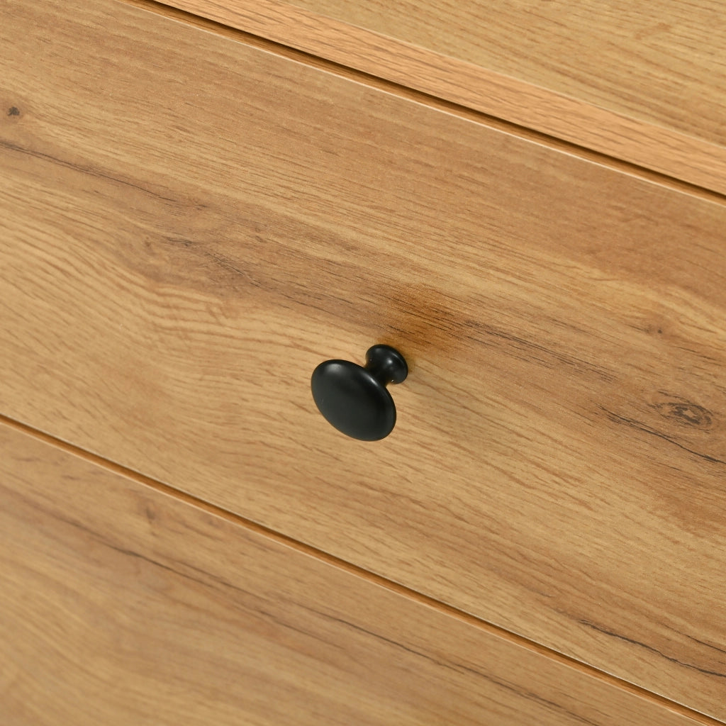 Credenza con vano chiuso e tre cassetti in pannello truciolare naturale e nero per soggiorno 120 × 35 × 76 cm