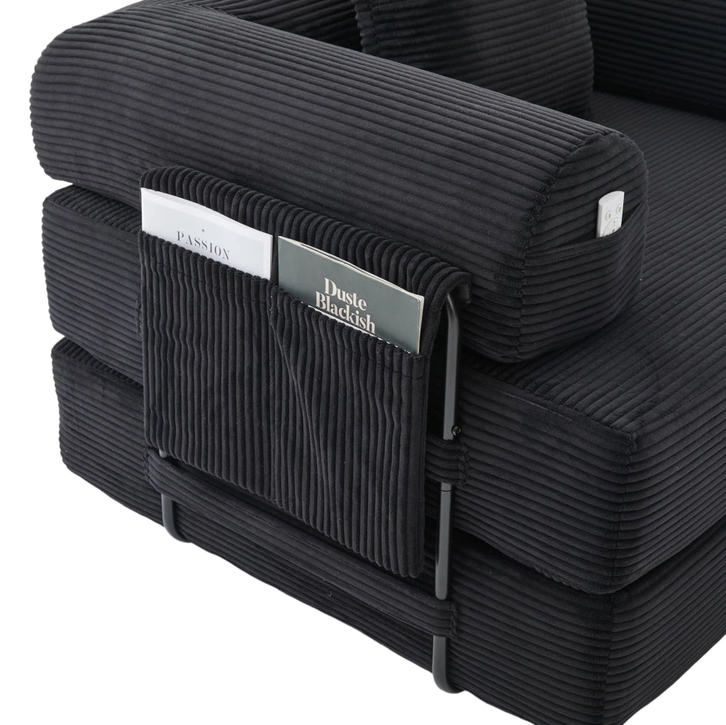 Divano modulare in corduroy con pouf; nero