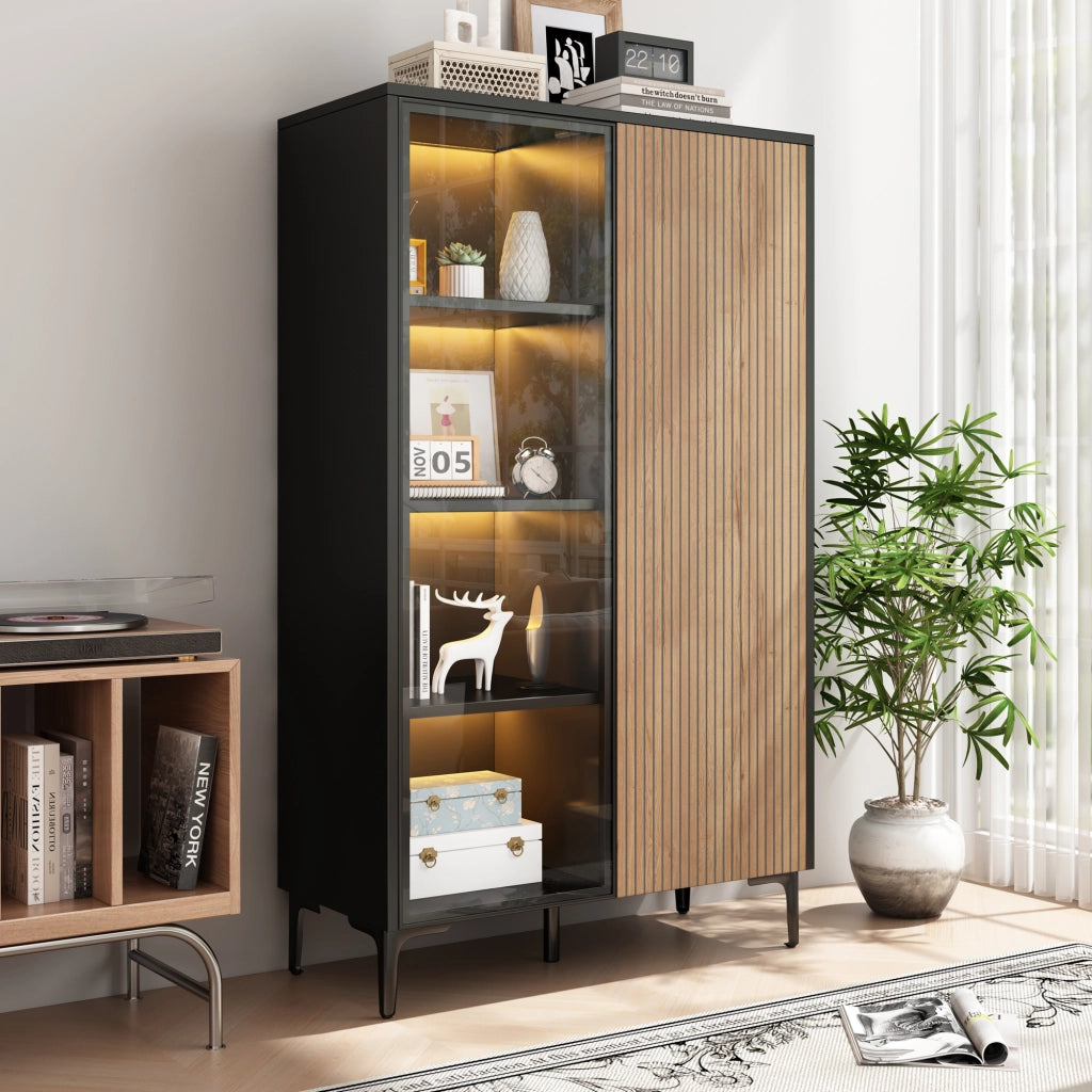 VETRINA 90x40x135 cm MDF Nero/Legno con LED Bluetooth