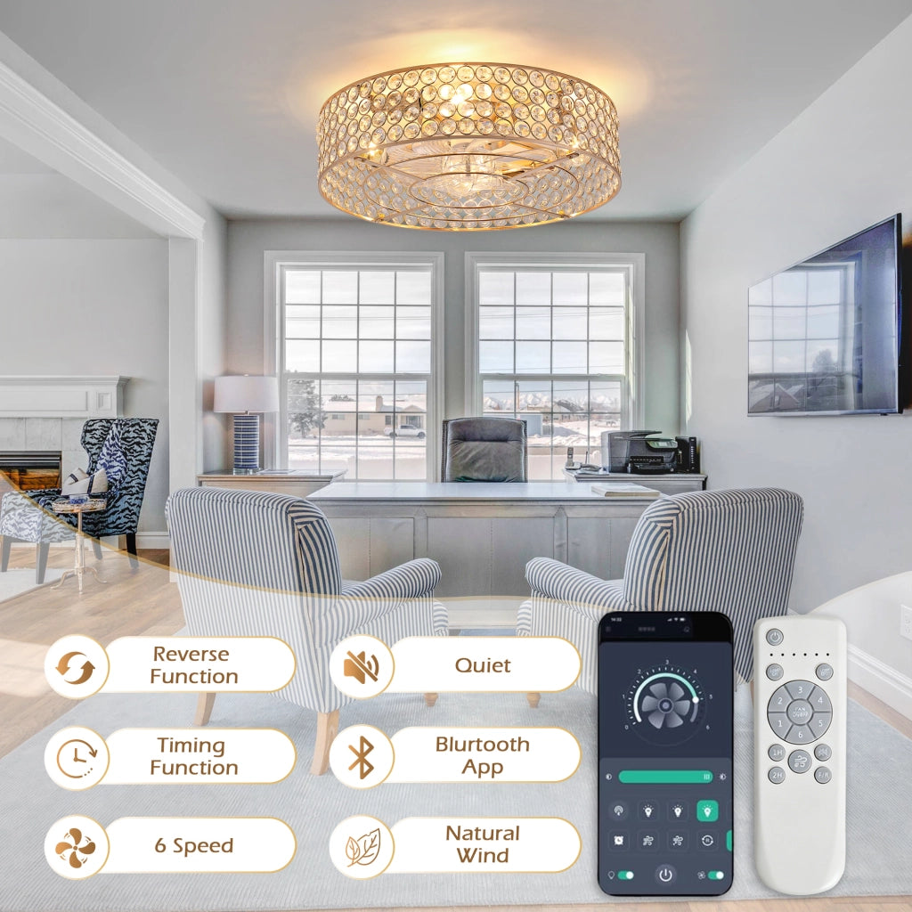 Lampada ventilatore da soffitto con cristalli dorati; pale ABS e controllo tramite app e telecomando