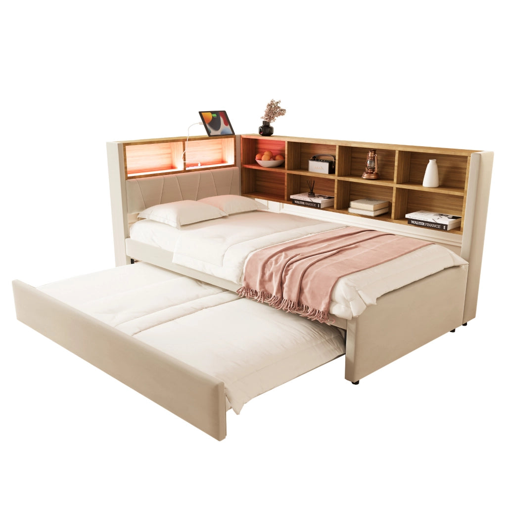 Divano letto singolo con letto estraibile, LED e USB, beige