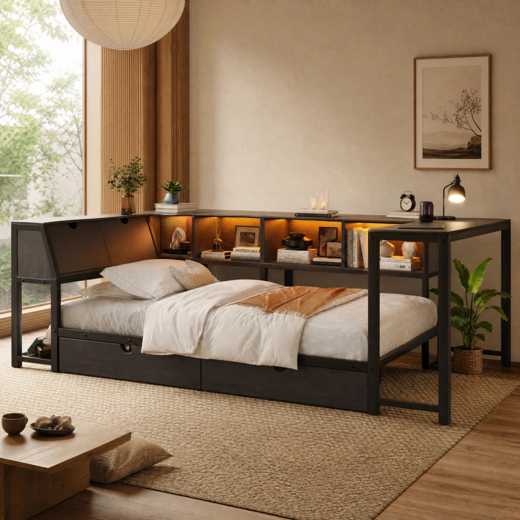 Letto singolo multifunzione 90x200 cm con scrivania; cassetti e LED nero HOMVRA