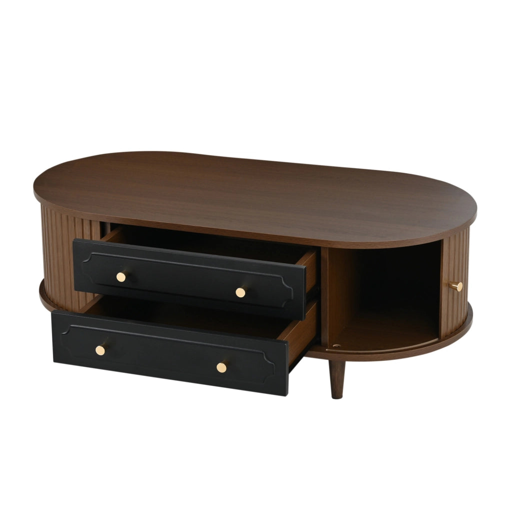 Tavolino da salotto 100x50x36 cm con 2 cassetti e 2 ante avvolgibili in truciolare; noce e nero