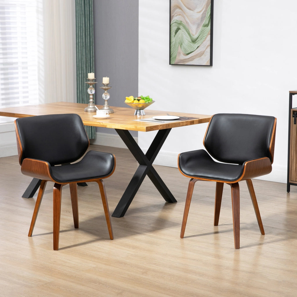 Set di 2 Sedie da Pranzo Vintage Imbottite in Finta Pelle PU e Legno Massiccio Robuste per Casa, Nero e Legno