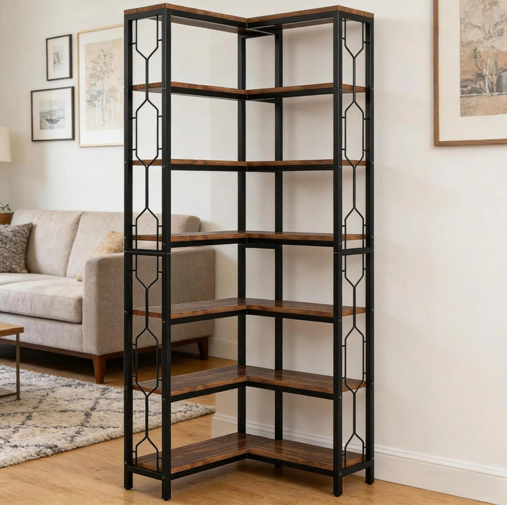 Scaffale angolare industriale in legno e metallo nero/marrone