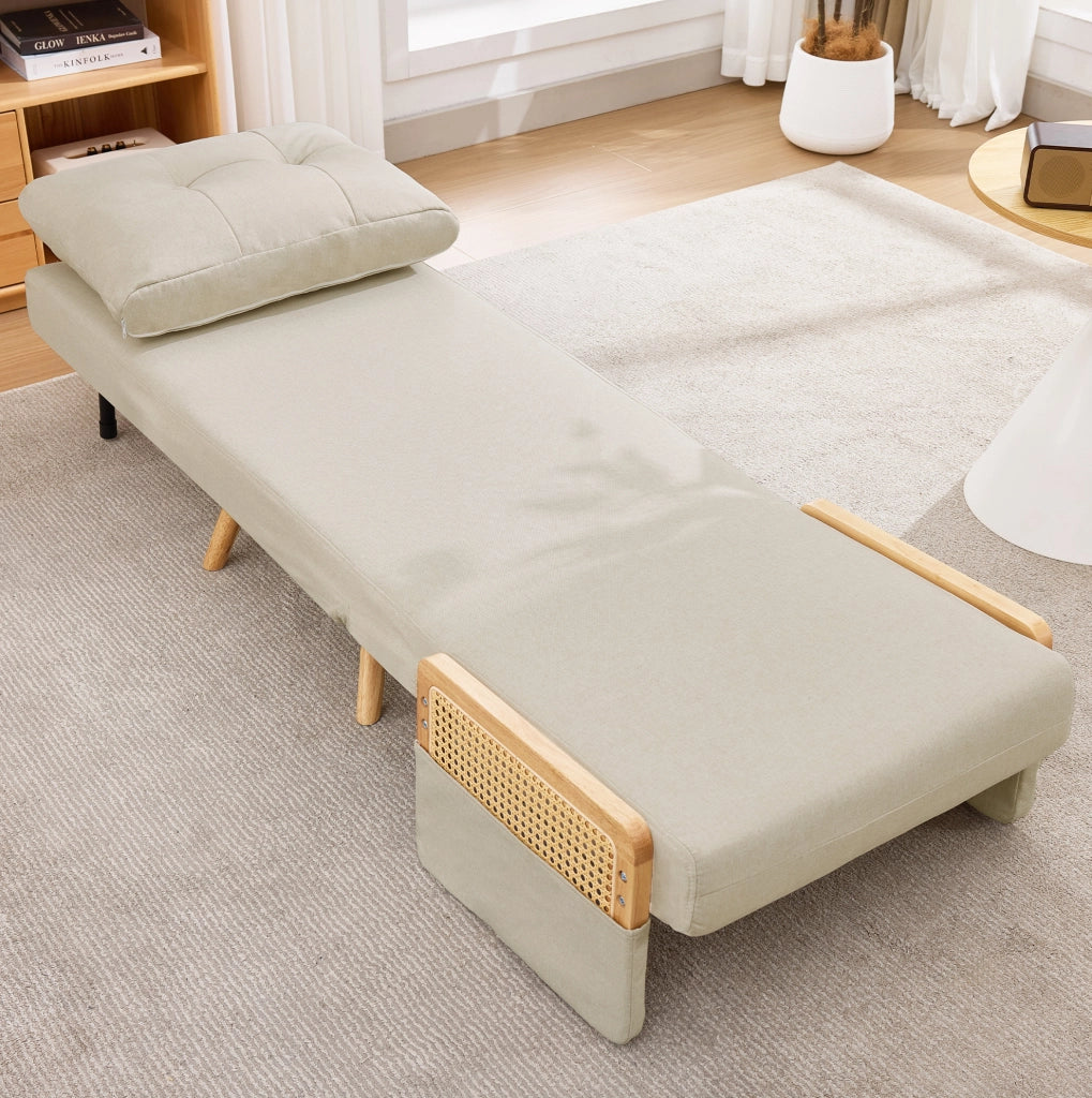 Poltrona letto 3 in 1 beige con schienale regolabile e braccioli intrecciati salvaspazio