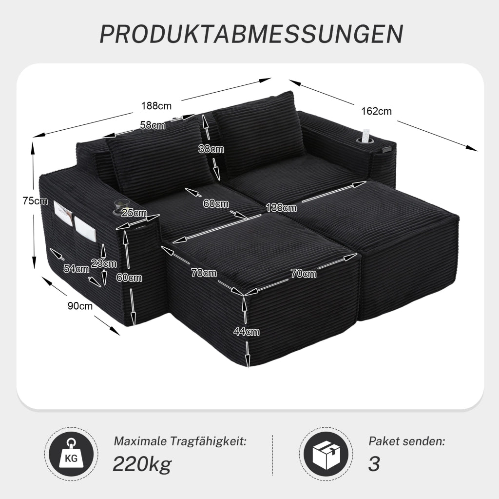 Divano a 2 posti modulare in corduroy con 2 pouf, portabicchieri e tasche laterali, imbottitura con molle e schiuma ad alta densità, 188x162x75 cm