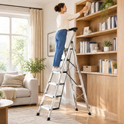 6 Step Ladder, Folding Step Stool With Wide Anti-Slip Pedal And Comfort Handgrip, 330 Lbs Capacity Portable Aluminum Stepladder, Multi-Use For Kitchen, Warehouse, Household And Office, Silver
