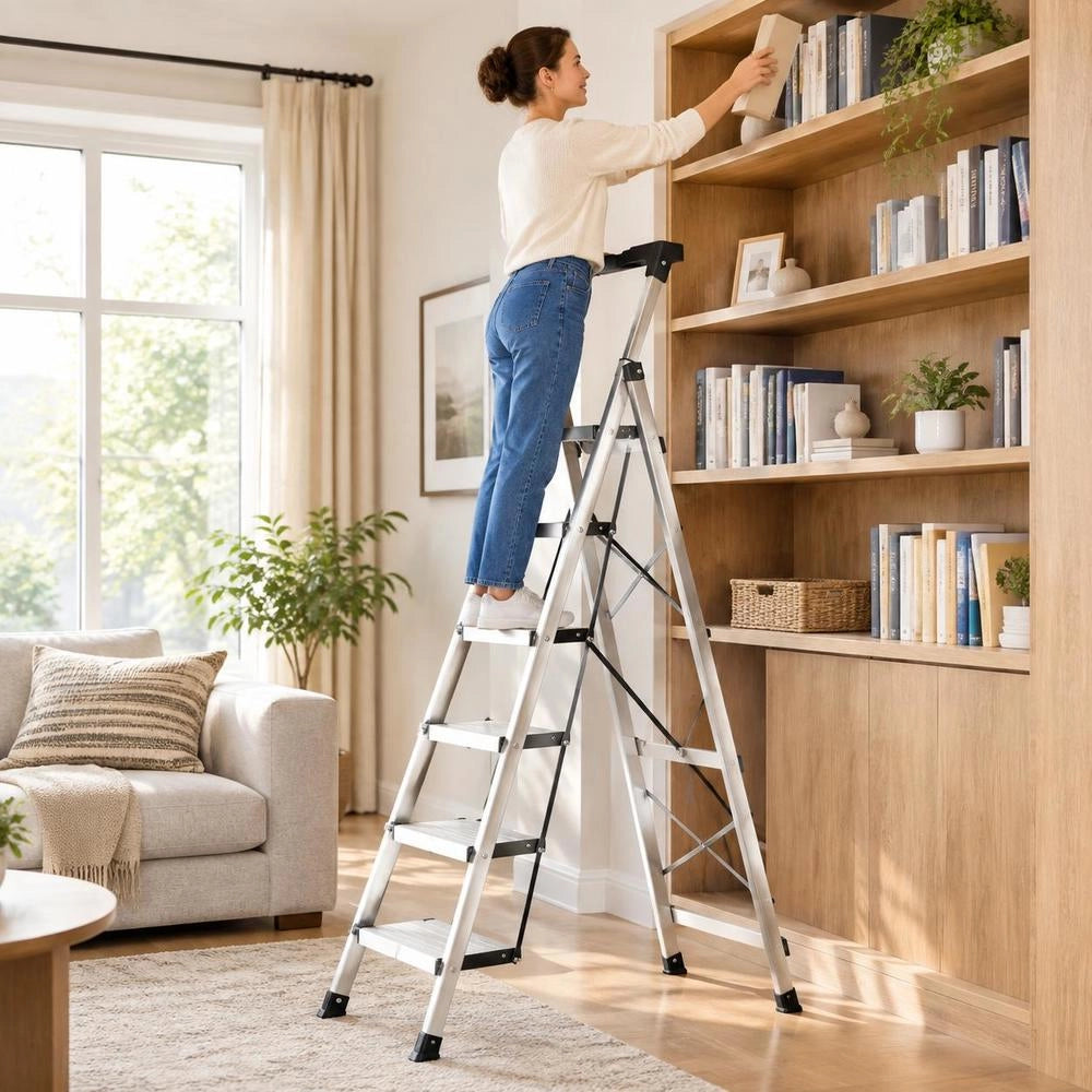 6 Step Ladder, Folding Step Stool With Wide Anti-Slip Pedal And Comfort Handgrip, 330 Lbs Capacity Portable Aluminum Stepladder, Multi-Use For Kitchen, Warehouse, Household And Office, Silver