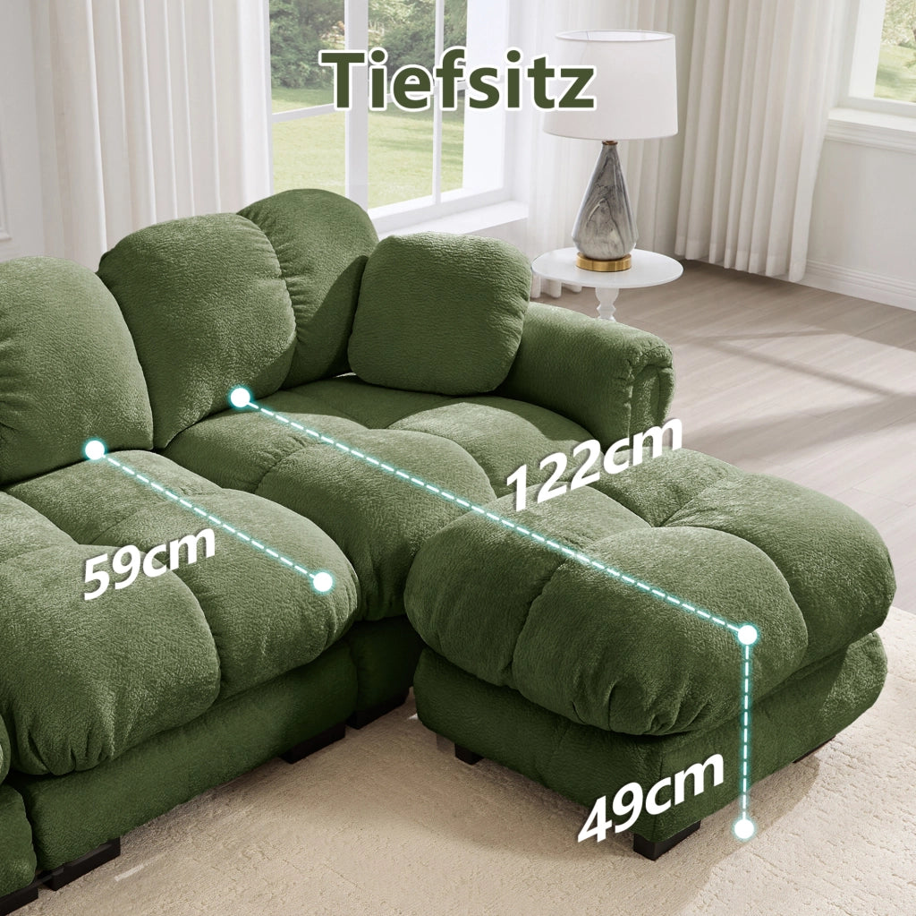 Divano angolare ULEVR 260x149x90 cm con pouf mobile e cuscini trapuntati in ciniglia verde