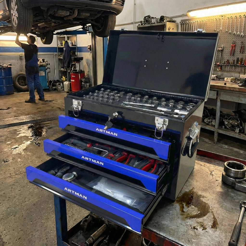 Cassetta per Attrezzi in Acciaio 508 mm con 3 Cassetti, Chiusure Metalliche, Maniglia, Nero e Blu