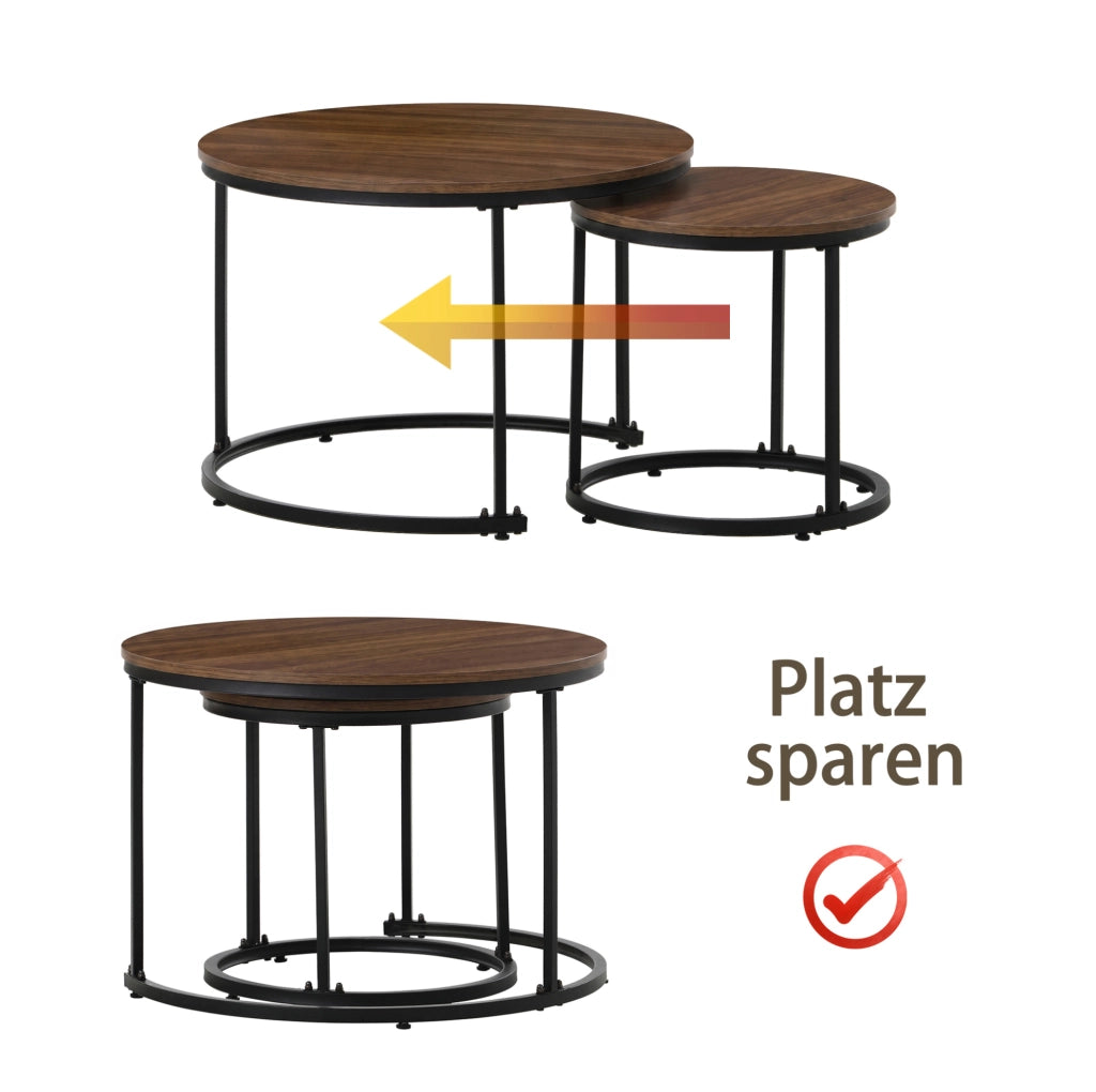 Set 2 tavolini da caffè rotondi impilabili in MDF; noce e nero