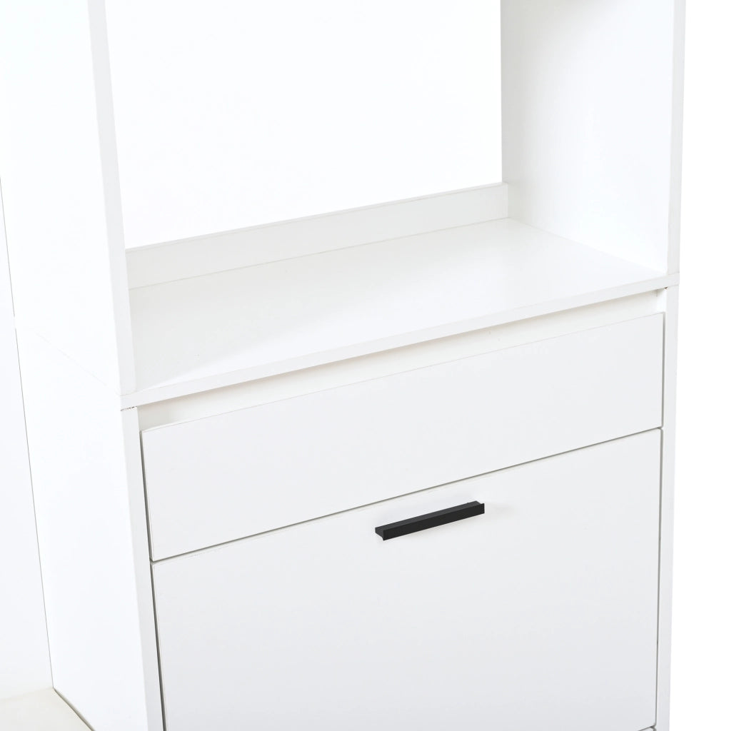 Guardaroba da ingresso multifunzionale 120x30x200 cm in MDF bianco con panca imbottita, 2 ribalte porta scarpe, 1 cassetto, 2 ante e 10 appendini, capacità 30 kg
