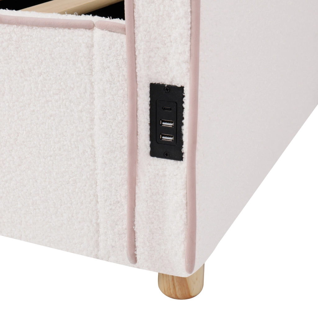 Letto 90x200 cm con contenitore idraulico, USB e USB-C in boucl¨¦ beige