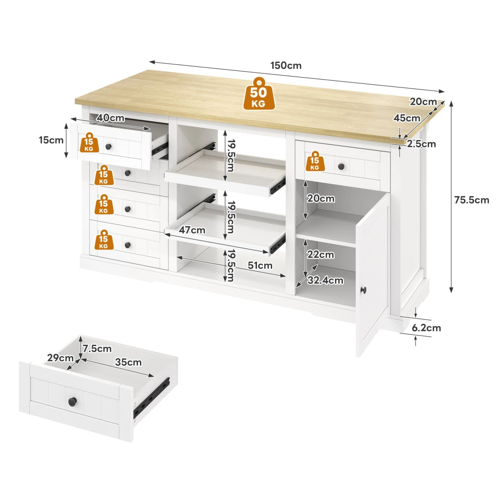 Mobile da cucina 150x65x75;5 cm con 5 cassetti; piano ribaltabile e prese USB; bianco