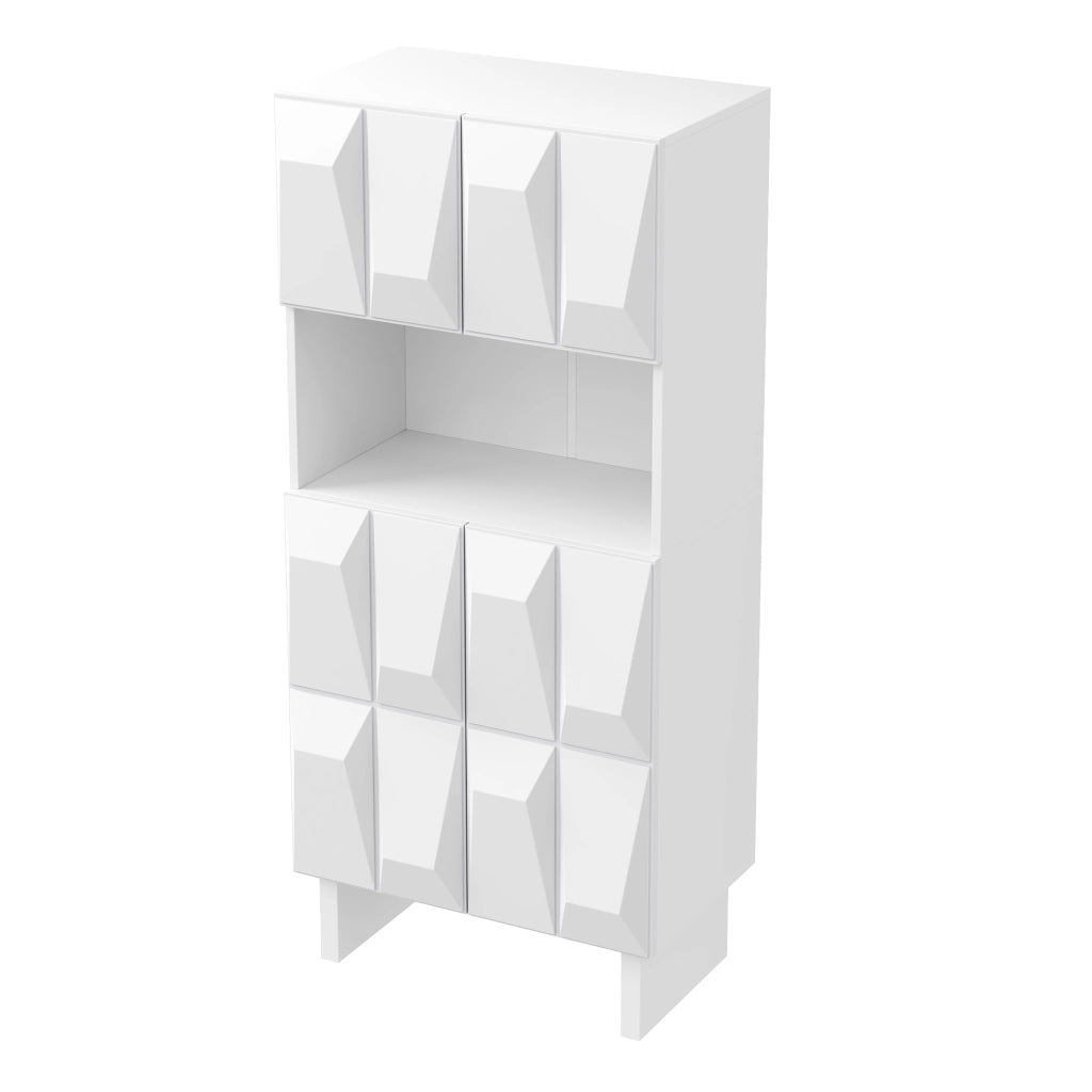 Vetrina con 4 ante a rilievo, vano aperto e ripiano regolabile, per casa, in truciolare bianco, 60,5 × 34 × 135,5 cm