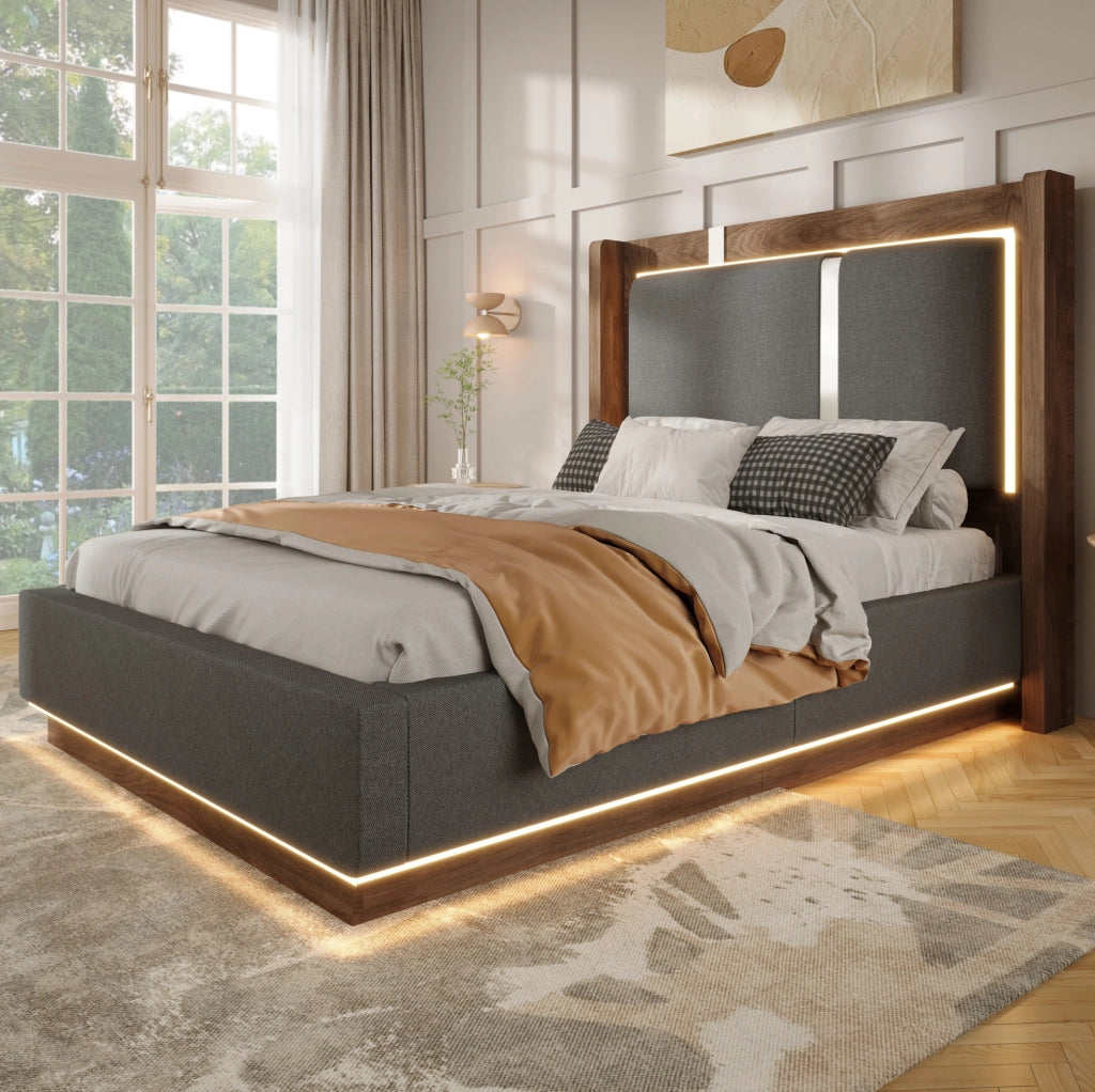 Letto singolo 90x200 cm con testiera imbottita in lino grigio, contenitore con sistema idraulico, LED integrati e rete a doghe in legno e metallo
