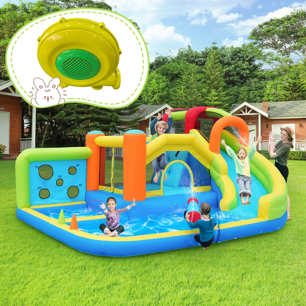 Castello gonfiabile con scivolo; trampolino e parete giochi in tessuto Oxford blu