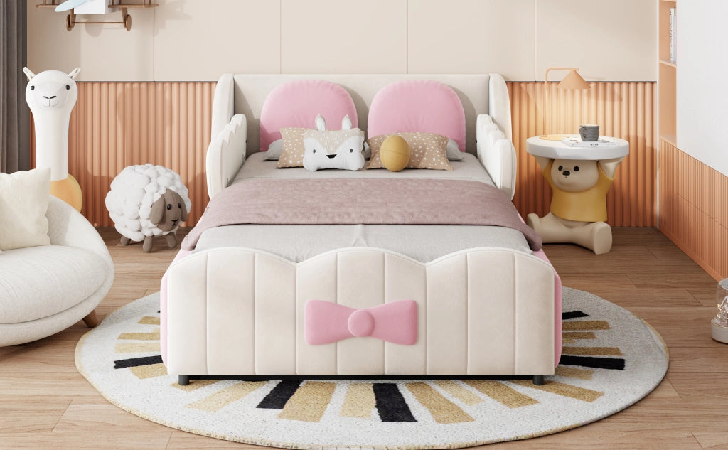 Letto singolo imbottito per bambini 90x200 cm in velluto con contenitore idraulico e due cuscini decorativi beige/rosa