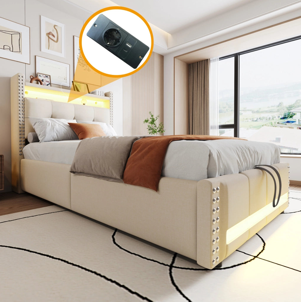 Letto singolo imbottito per bambini 90x200 cm con LED, USB e contenitore idraulico, beige